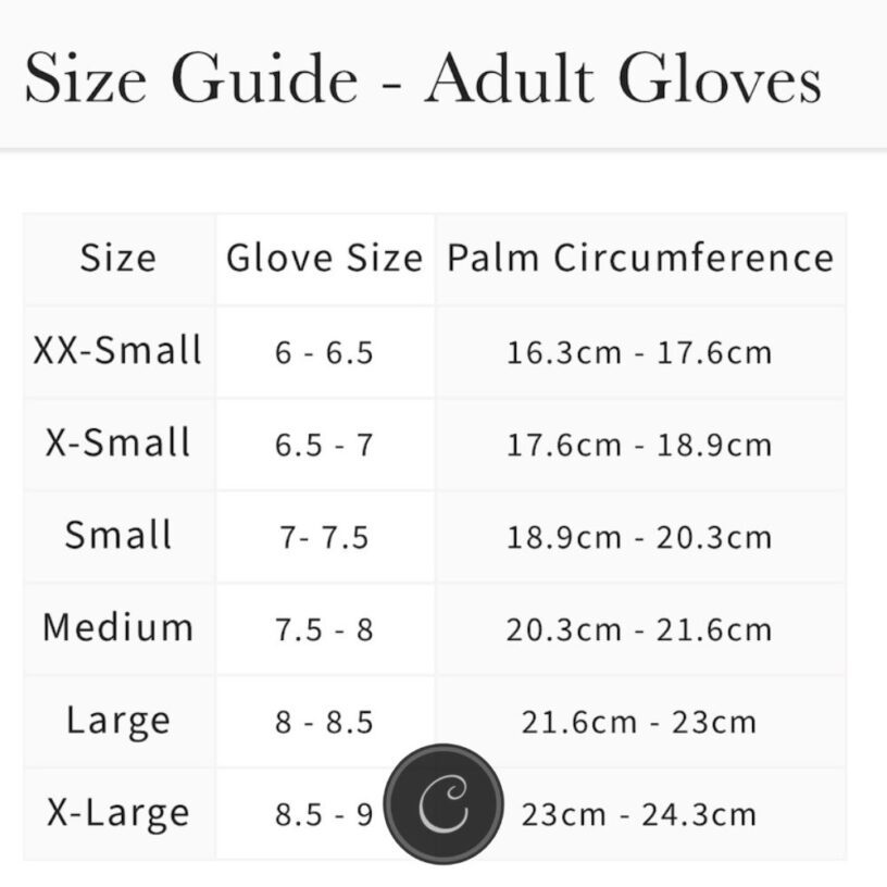 Lemieux Pro mesh handschoenen maattabel size guide
