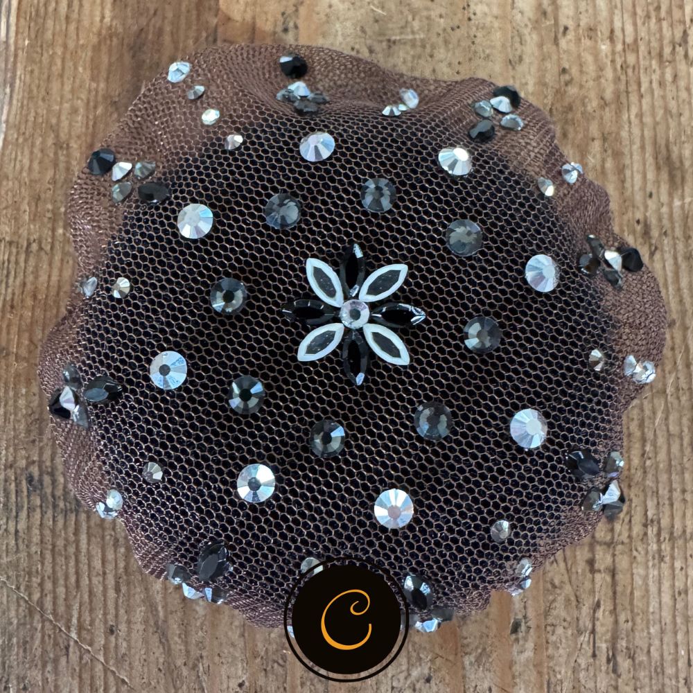 Haarnetje met Donut zwart Zilver Strass 1 Bloem